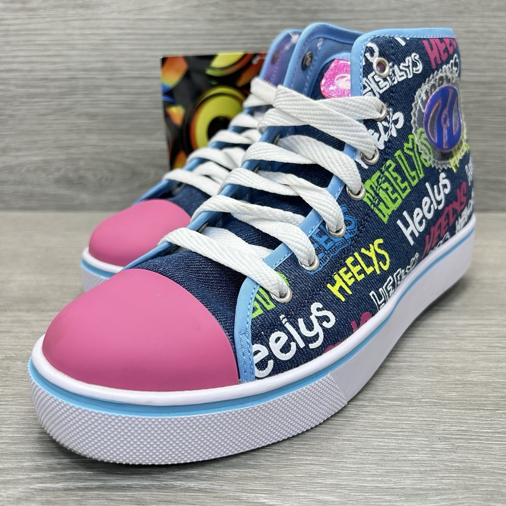 Heelys Veloz Shoes Youth Size 6 Multicolor Denim High Top Rollers Art Fun